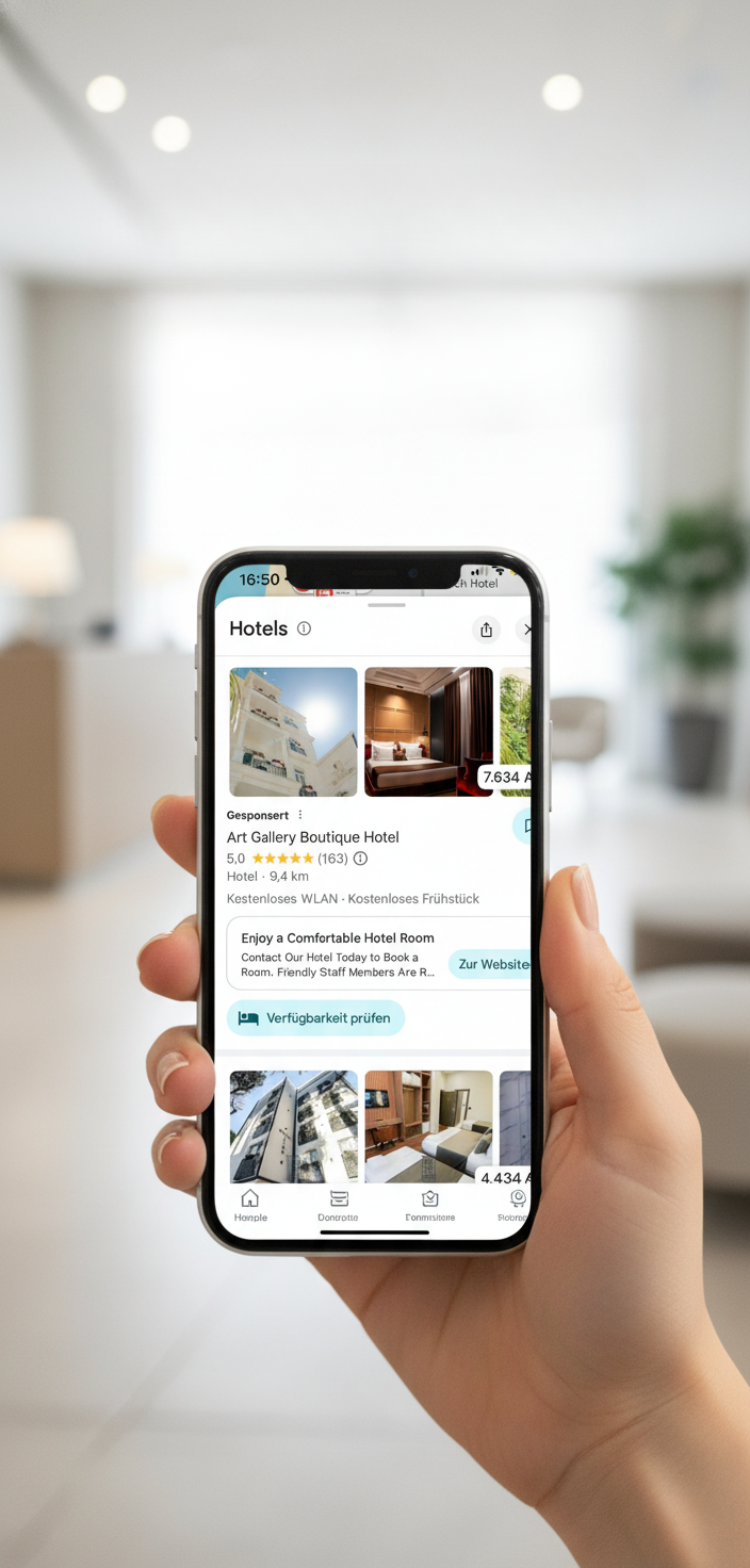 Smartphone displaying Google Maps with hotel reviews and ratings